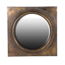 Antiqued Gold Finish Round Mirror in Square Frame for Home Decoration